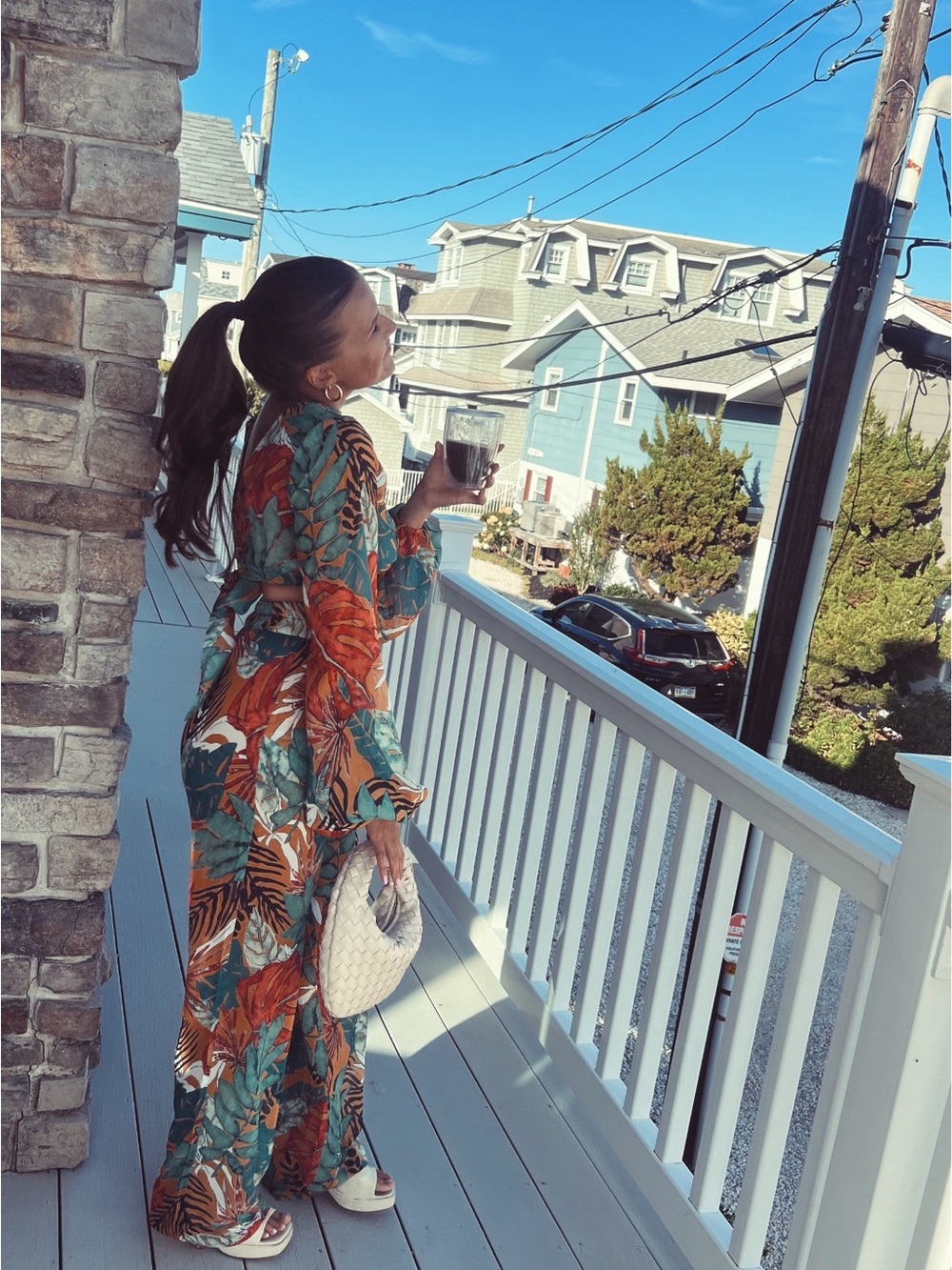 Tropical Leaf Print Wide-Leg 2 piece Jumpsuit - Green & Red